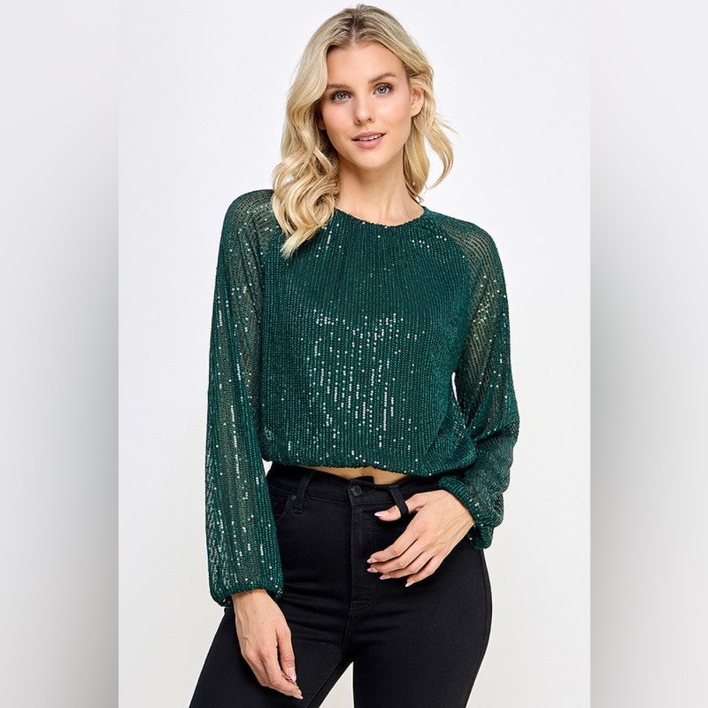 Sequined Emerald Green Long-Sleeve Blouse